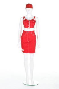 A Junior Gaultier 'Converse' inspired cotton ensemble,: A Junior Gaultier 'Converse' inspired cotton ensemble, circa 2000, labelled, the mini skirt with lace-up sides, matching crop-top and baseball cap; together with a Rifat Ozbek dress, labelled, busts a