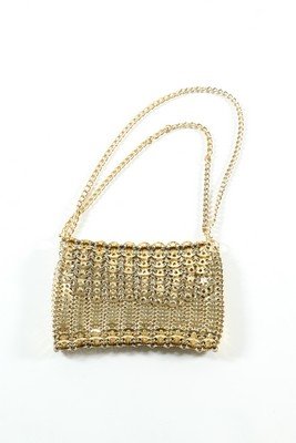 A Paco Rabanne gold chain-linked handbag, mid 1960s,: A Paco Rabanne gold chain-linked handbag, mid 1960s, with gold chain shoulder strap, front flap and added yellow cotton lining, length 22cm, 8.5in