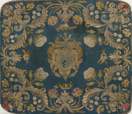 An embroidered blue silk chalice veil, circa 1730, (1 of 8)