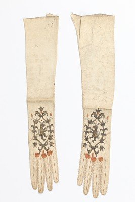 A pair of women's gloves, circa 1680-90, of white kid, (1 of 7)