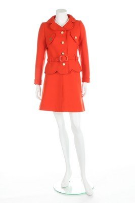 A Courrèges couture coral wool suit, 1968, black on (1 of 8)