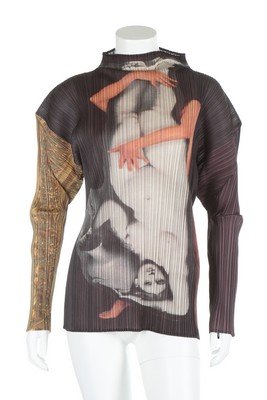 An Issey Miyake/Yasumasa Morimura pleated tunic, Guest: An Issey Miyake/Yasumasa Morimura pleated tunic, Guest Artists Series No 1, 1996, black on white label and size 3, printed with Ingres' voluptuous nude taken from his 1856 painting 'La Source', encirc