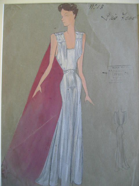 A Nina Ricci fashion design, French, 1930s, date s: A Nina Ricci fashion design, French, 1930s, date stamped 27th December 193?, gouache and pencil on grey paper, depicting a Grecian style silver evening gown with crimson cape, 32 by 25cm within mount