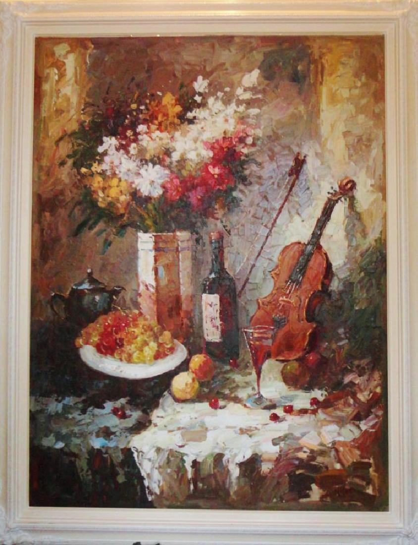 Large Textured Abstract Violin Red Wine Impressionistic: Al Balanco | Title of Art: Still Life Impressionism | Medium: Hand Signed by the Artist Original Painting on Canvas | Edition Size: Original | Unframed Size: 36 x 48 inches | Offered Unframed