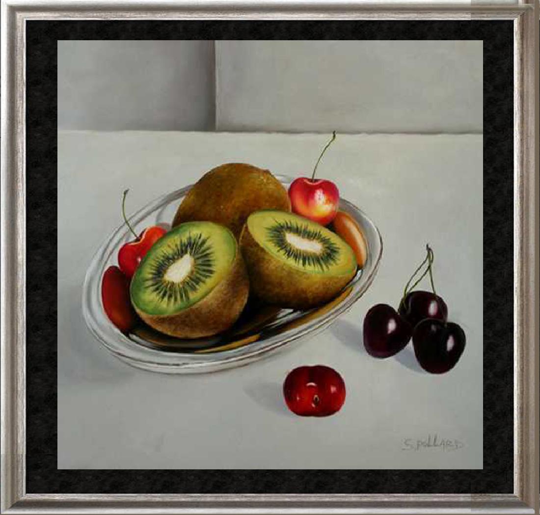 Realism Kiwi FRUIT Signed CANVAS DEALER LIQUIDATION: Scott Pollard | Title of Art: Kiwi & Cherries | Medium: Original Acrylic Painting Hand Signed by the Artist on Canvas | Unframed Size: 16 x 16 inches | Framed Size: Stretched | Value: $ 475 | ArtForSa