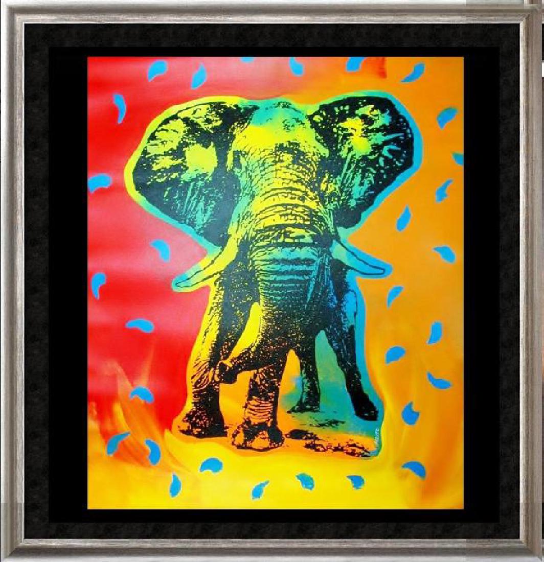 POP ART CANVAS ORIGINAL ELEPHANT COLORFUL ESTATE SALE: Artist: TONY AZZITO | Title of Art: ELEPHANT 2645 | Medium: SIGNED ORIGINAL ACRYLIC WITH SILKSCREEN ON CANVAS | Edition Size: Original | Art Size: 37x30 | Offered Unframed. Framing Presentation are of
