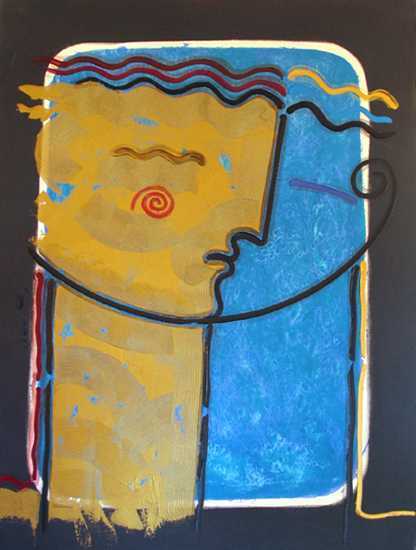 Blue Gold Gaylord Soli Painting on Canvas Sale: Artist: GAYLORD SOLITitle of Art: PERSONA ONEMedium: HAND SIGNED ORIGINAL ACRYLIC PAINTING ON CANVASEdition Size: OriginalArt Size: 40x30Framed