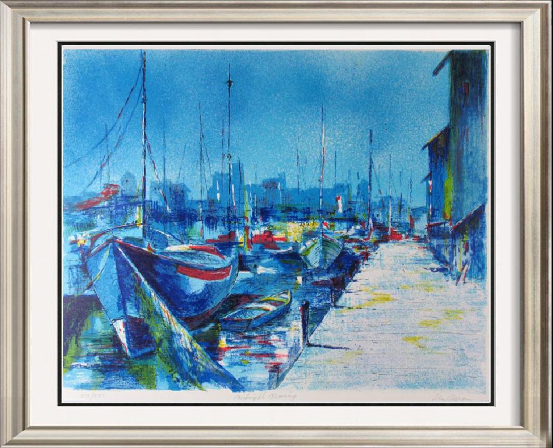 Boat Scene Bold Blue Colors Abstract Ltd Ed Sale: Len Garon | Title Of Art: Midnight Mooring | Medium: Hand Signed By The Artist Serigraph On Paper | Edition Size: 272/285 | Unframed Size: 21X25 Inches | Framed Size: Unframed | Value: $ 400