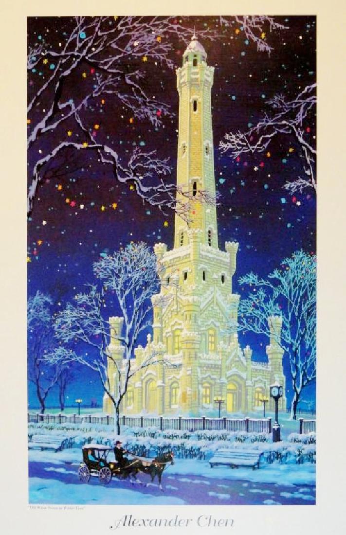 Old Water Tower Chicago Chen Art Colorful Print Sale: Alexander Chen | Title of Art: Old Water Tower in Winter Time | Medium: Offset Lithograph on Paper Hand Signed by the Artist | Edition Size: Open | Unframed Size: 33 x 23 inches | Framed Size: Unframe