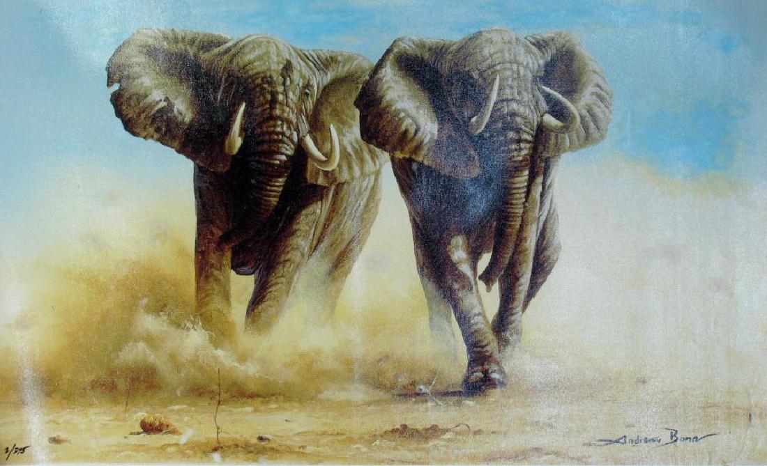 Elephant Stampede Andrew Bone Ltd Ed Canvas Sale: Andrew Bone | Title of Art: Elephant Stampede | Medium: Hand Signed by the Artist Giclee on Canvas | Edition #: of 375 | Unframed Size: 24 x 37 inches | Offered Unframed