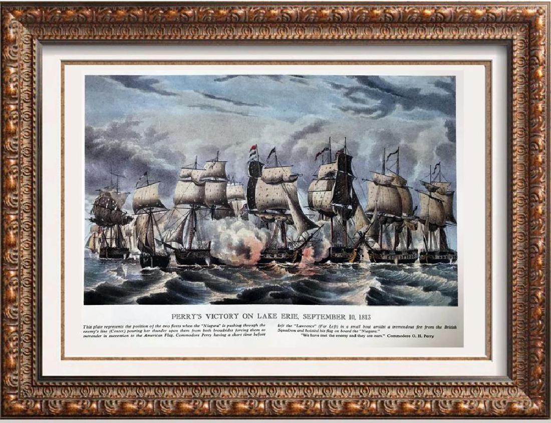 Perry's Victory On Lake Erie Color Lithographic Fine: Perry's Victory On Lake Erie | Medium: Color Lithographic Fine Art Print | Edition #: N/A | Unframed Size: 8x11 | Framed Size: Offered Unframed. Framing presentation if shown is for concept only and a
