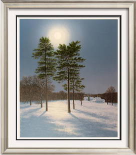 Full Moon Winter Night Scene Signed Serigraph: Thomas Locher | Title Of Art: Winter Moon | Medium: Hand Signed By The Artist Serigraph On Paper | Edition Size: Of 300 | Unframed Size: 28X23 Inches | Framed Size: Unframed | Value: $ 200