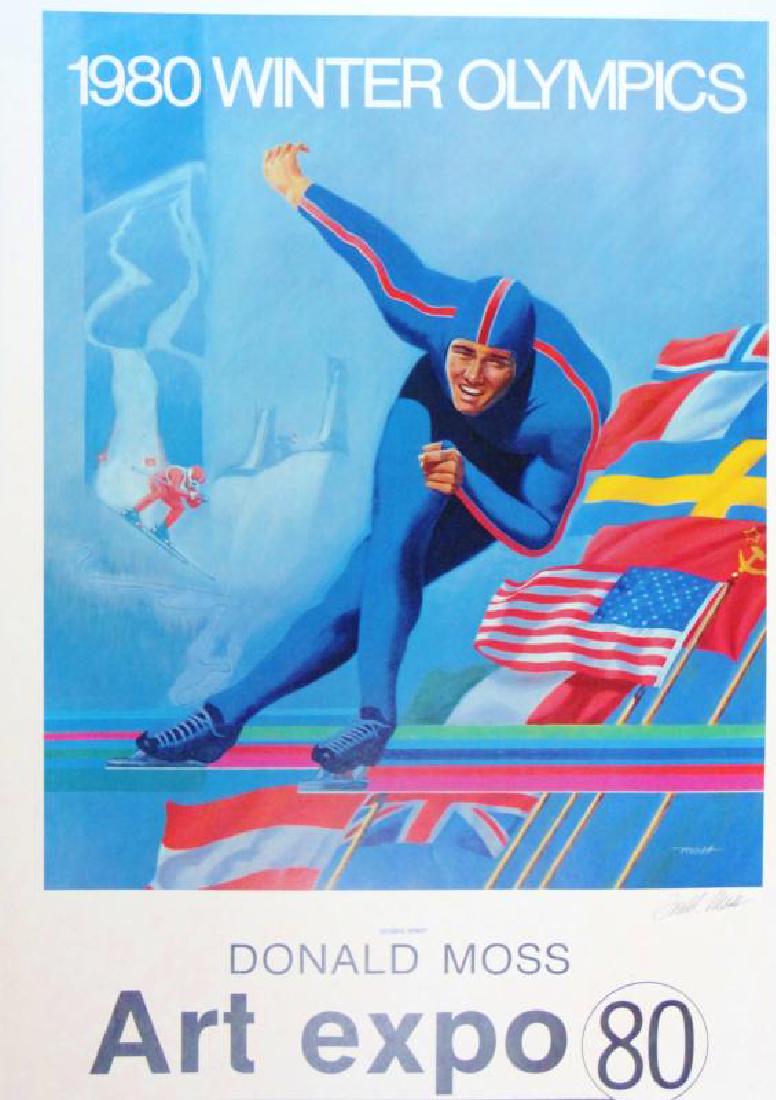 1980 Winter Olympics Print Hand Signed Donald Moss: Art Prints | Title of Art: Moss, Donald: 1980 Olympics | Medium: Offset Lithograph on Paper Hand Signed by the Artist | Edition Size: Open | Unframed Size: 29 x 20 inches | Framed Size: Unframed