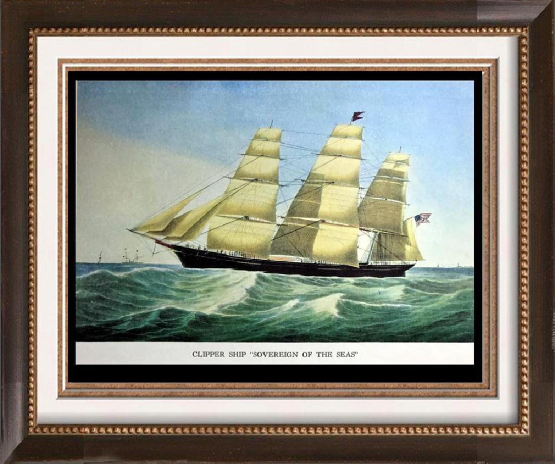 Clipper Ship Sovereign Of The Seas Color Lithographic: Clipper Ship Sovereign Of The Seas | Medium: Color Lithographic Fine Art Print | Edition #: N/A | Unframed Size: 8x11 | Framed Size: Offered Unframed. Framing presentation if shown is for concept only