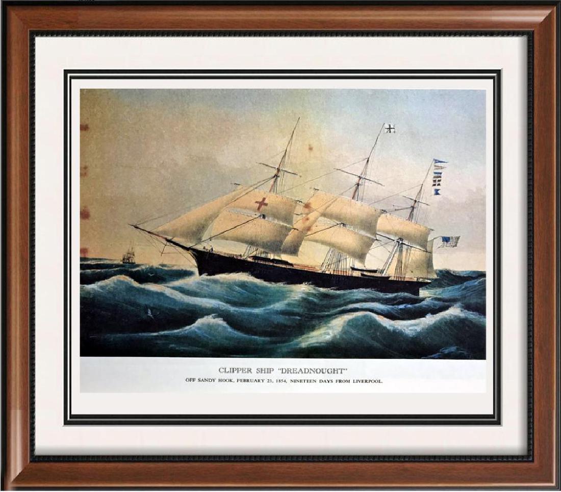 Clipper Ship Dreadnought Color Lithographic Fine Art: Clipper Ship Dreadnought | Medium: Color Lithographic Fine Art Print | Edition #: N/A | Unframed Size: 8x11 | Framed Size: Offered Unframed. Framing presentation if shown is for concept only and avail