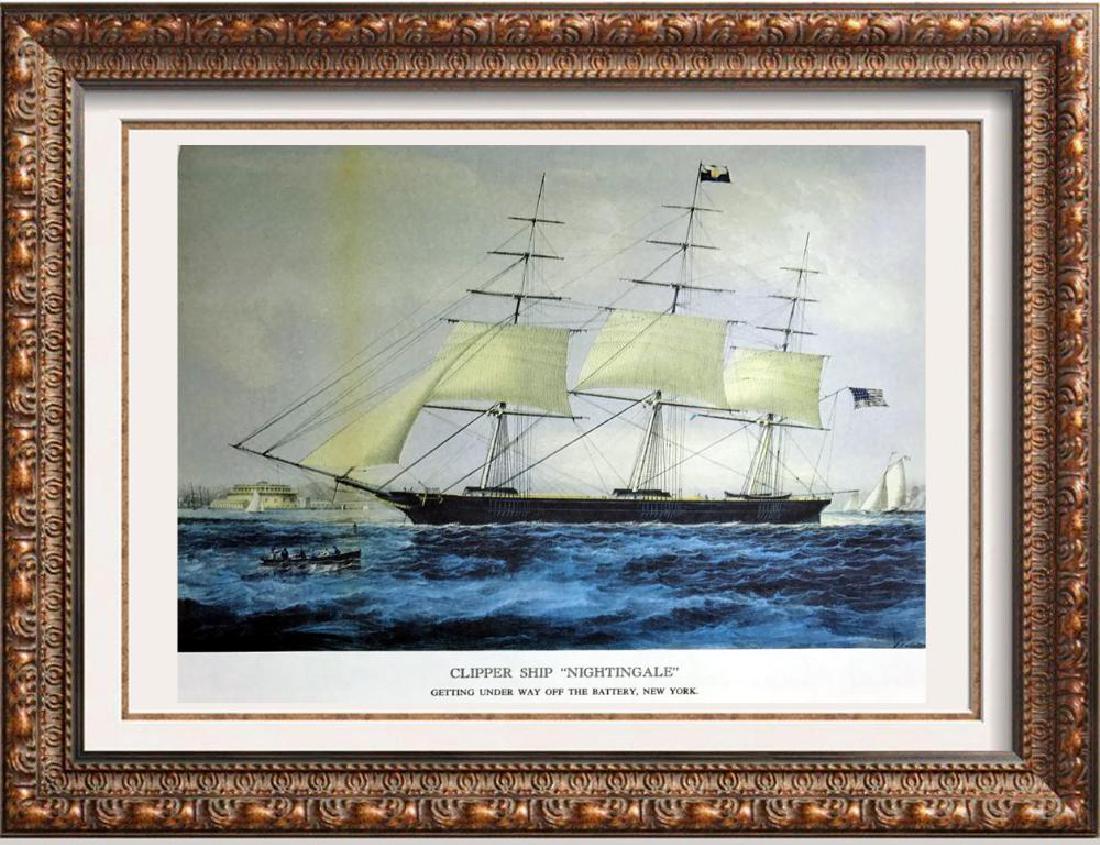 Clipper Ship Nightingale Color Lithographic Fine Art: Clipper Ship Nightingale | Medium: Color Lithographic Fine Art Print | Edition #: N/A | Unframed Size: 8x11 | Framed Size: Offered Unframed. Framing presentation if shown is for concept only and avail