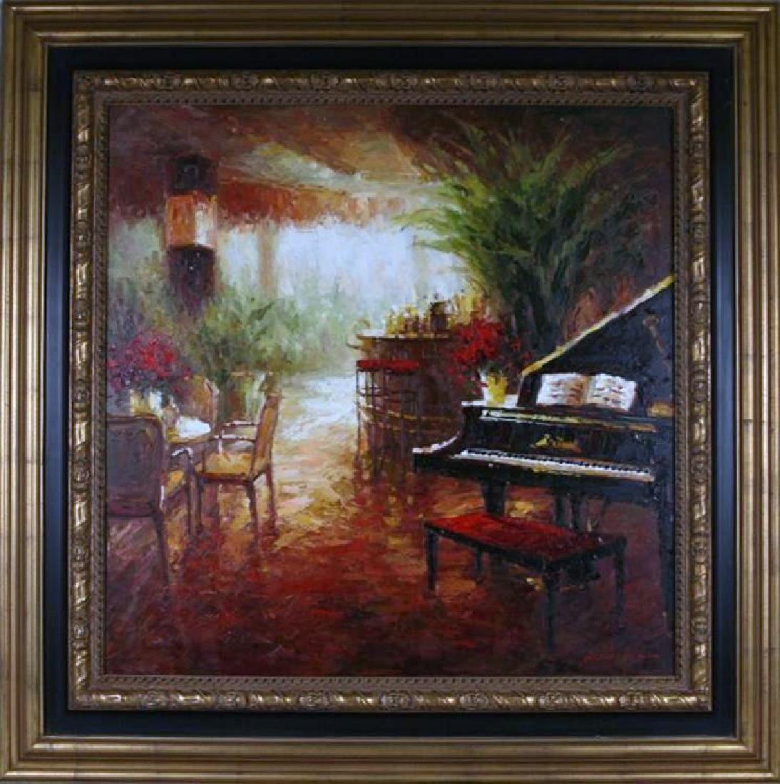 Piano Café Scene RED Vibrant Colorful Impressionism: AnnMarie Kristina | Title of Art: Ready to Serve | Medium: Original Acrylic Painting Hand Signed by the Artist on Canvas | Unframed Size: 36 x 36 inches | Offerered Unframed. Framing will be offered t