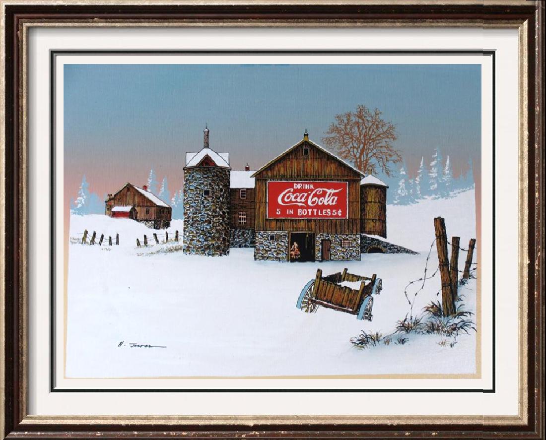 Coca Cola Old Coke Sign on Barn Realism on Canvas: Winter James | Title of Art: Coca Cola Barn | Medium: Hand Signed by the Artist Limited Edition Lithograph on Canvas | Edition #: Limited | Unframed Size: 12 x 16 inches | Framed Size: Offered Unframe