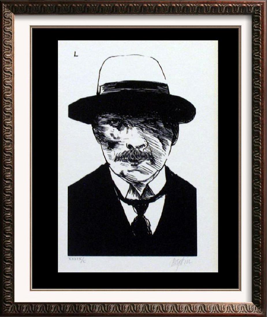 Museum Artist Leonard Baskin Limited Edition Woodblock: Leonard Baskin | Title of Art: Man in Bowler Hat | Medium: Hand Signed by the Artist Lithograph on Paper | Edition Size: XXXIX/C | Unframed Size: 7 x 4 inches | Framed Size: Unframed