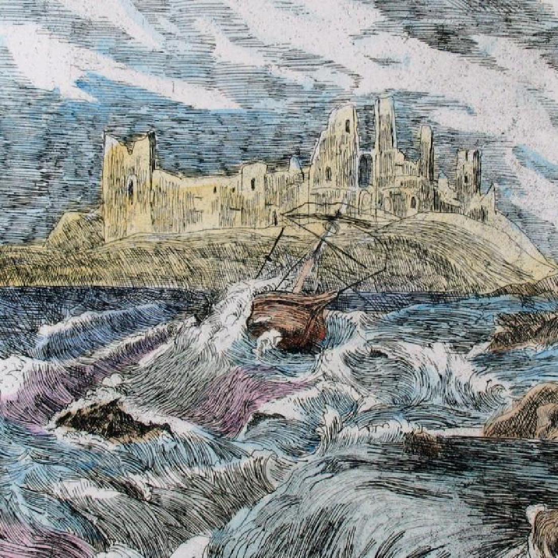 Hand Signed Colored Etching Ocean Scenic Detailed: Title of Art: The Storm | Medium: Hand Signed by the Artist Hand Colored Etching | Stamped on Reverse M.N.G. kivitelre engedelyezve | on Paper | Edition Size: of 250 | Unframed Size: 9 x 11 inches | F