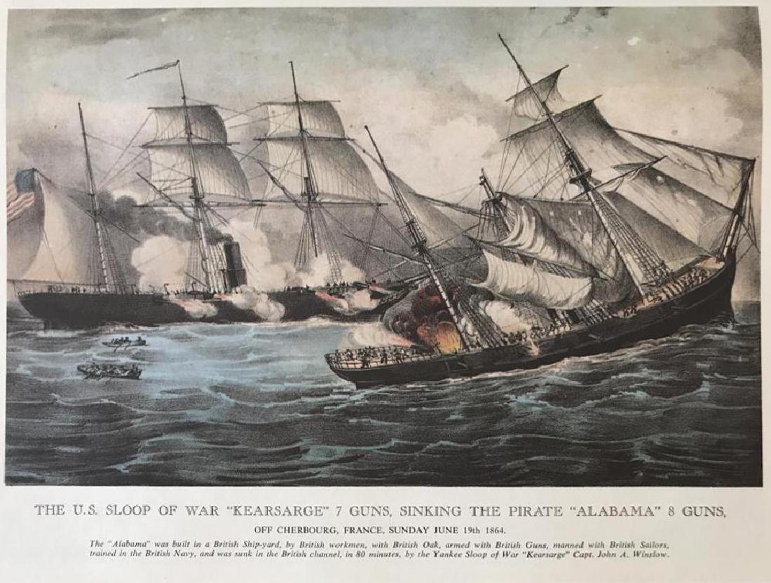 Civil War: The US Sloop Of War Kearsarge 7 Guns Sinking: Civil War: The US Sloop Of War Kearsarge 7 Guns Sinking The Pirate Alabama A Guns June 19, 1864 | Medium: Color Lithographic Fine Art Print | Edition #: N/A | Unframed Size: 8x11 | Framed Size: Offere