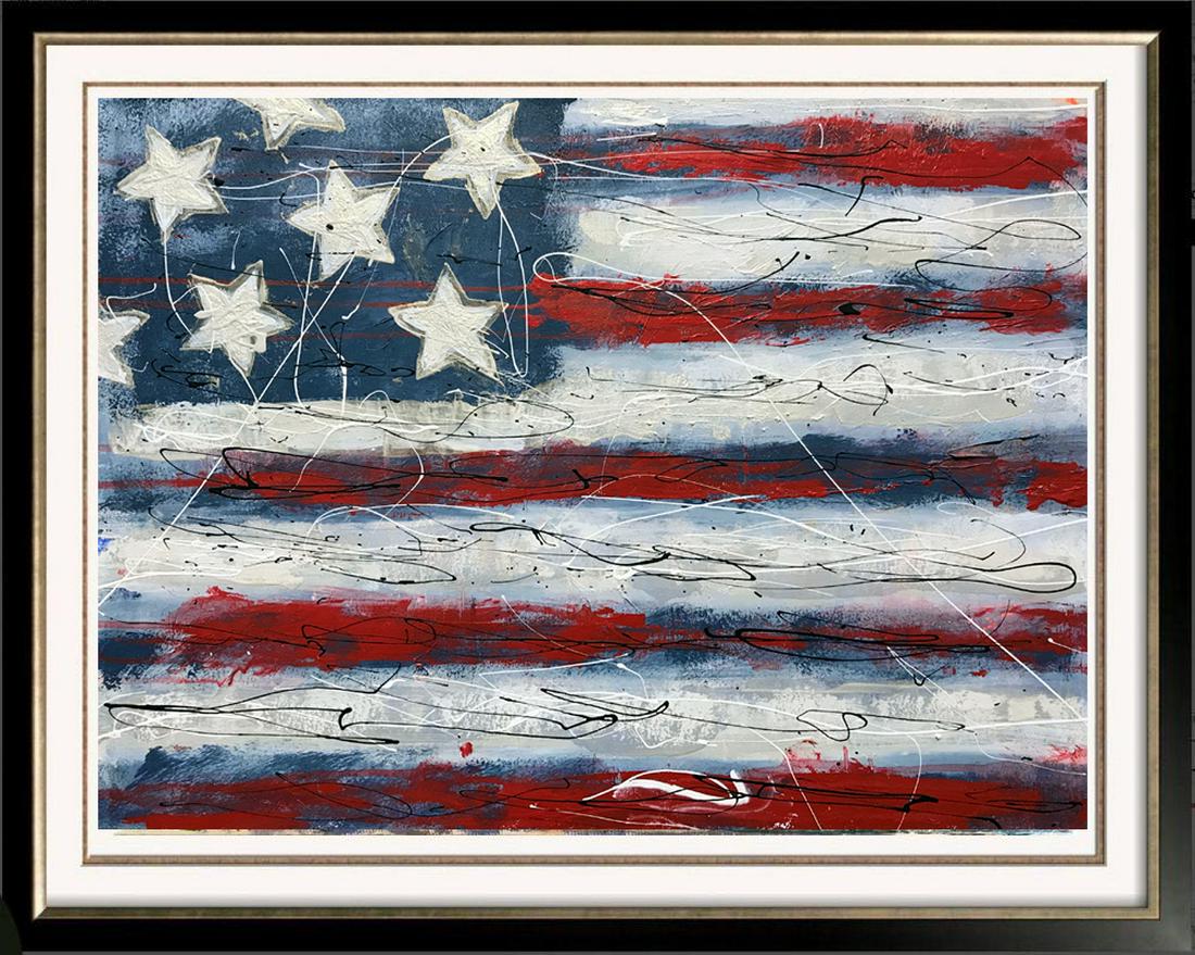 Americana Series USA Flag: Janet Swahn | Title of Art: Americana Series | Medium: Hand Signed Original Acrylic on Canvas | Edition #: Original | Offered STRETCHED Size: 24x18 | Framing presentation if shown is for concept only.