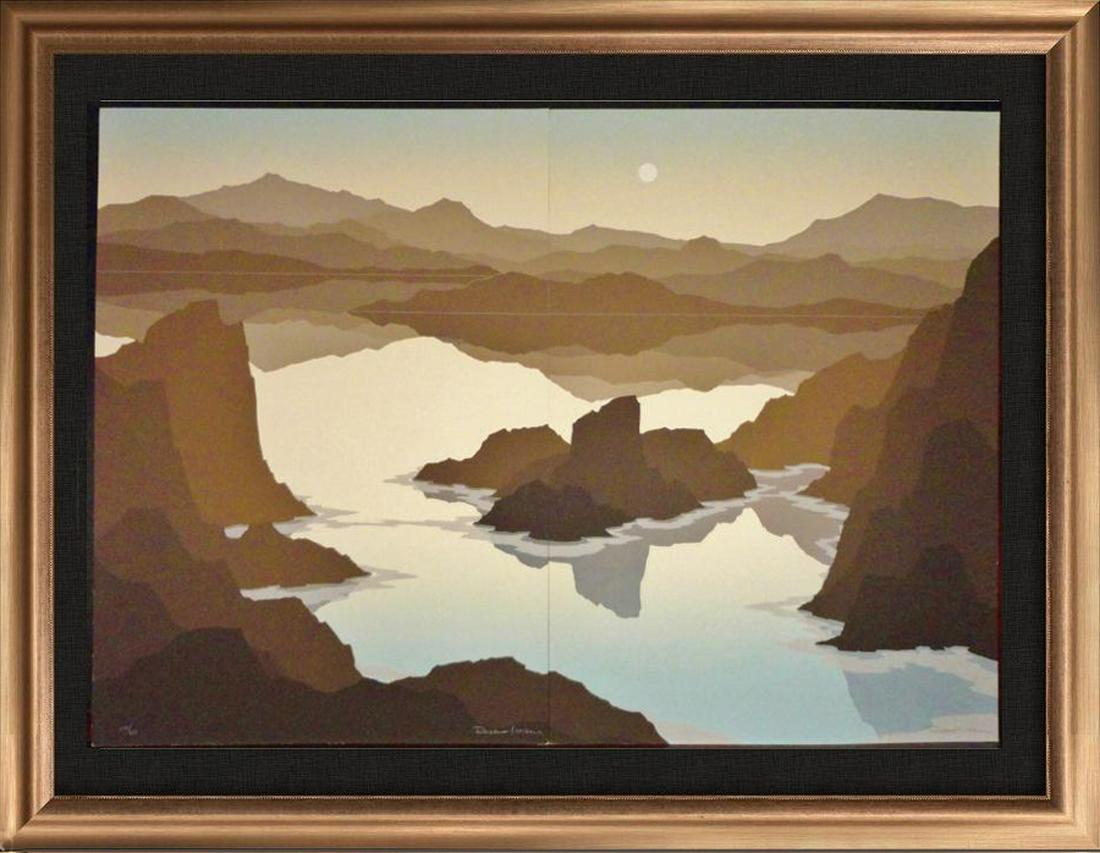 Canyon Landscape Abstract Erath Tone Limited Edition: Robert Wilson | Title Of Art: Canyons And Moon | Medium: Hand Signed By The Artist Lithograph On Paper | Edition Size: 237/475 | Unframed Size: 27X20 Inches | Framed Size: Being Offered Unframed