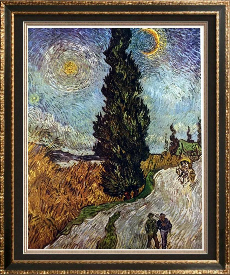 Vincent Van Gogh Road with Cypress c.1890 Fine Art: Artist Name: Vincent Van Gogh | Title of Art: (Plate Sixteen) Road with Cypress c.1890 | Medium: Fine Art Print from Museum Artist | Unsigned & Unnumbered | Art Size: Approx 8 x 10 | Offered Unframed.