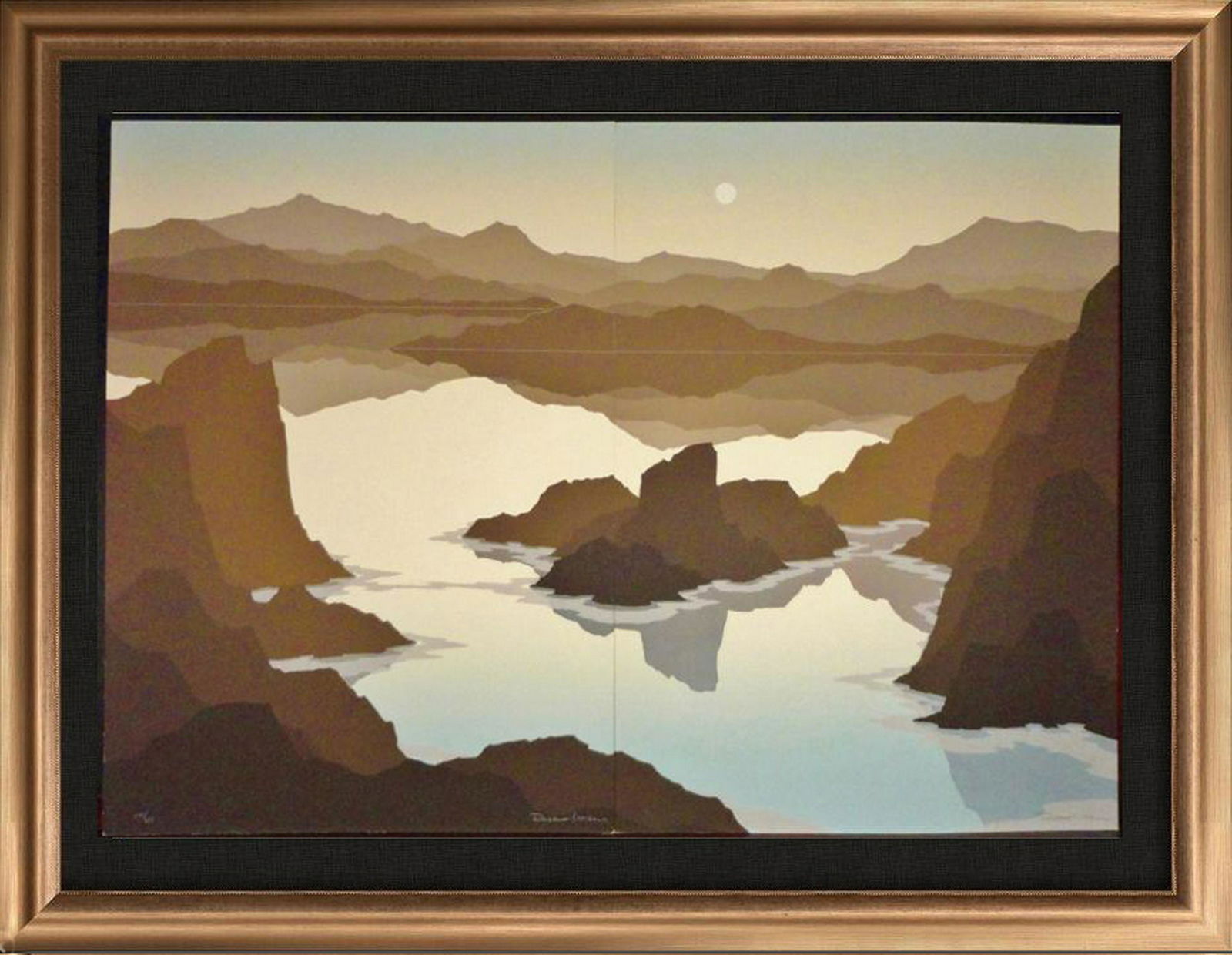 Canyon Landscape Abstract Erath Tone Limited Edition: Robert Wilson | Title Of Art: Canyons And Moon | Medium: Hand Signed By The Artist Lithograph On Paper | Edition Size: 237/475 | Unframed Size: 27X20 Inches | Framed Size: Being Offered Unframed
