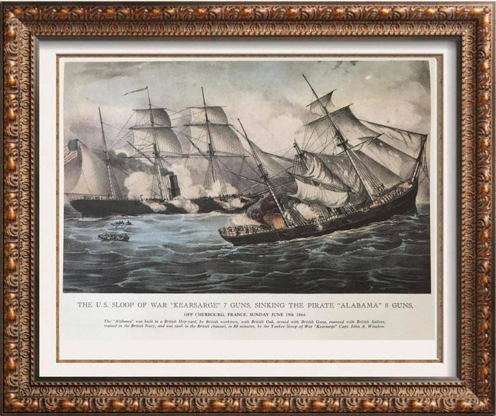 Civil War: The US Sloop Of War Kearsarge 7 Guns Sinking: Civil War: The US Sloop Of War Kearsarge 7 Guns Sinking The Pirate Alabama A Guns June 19, 1864 | Medium: Color Lithographic Fine Art Print | Edition #: N/A | Unframed Size: 8x11 | Framed Size: Offere
