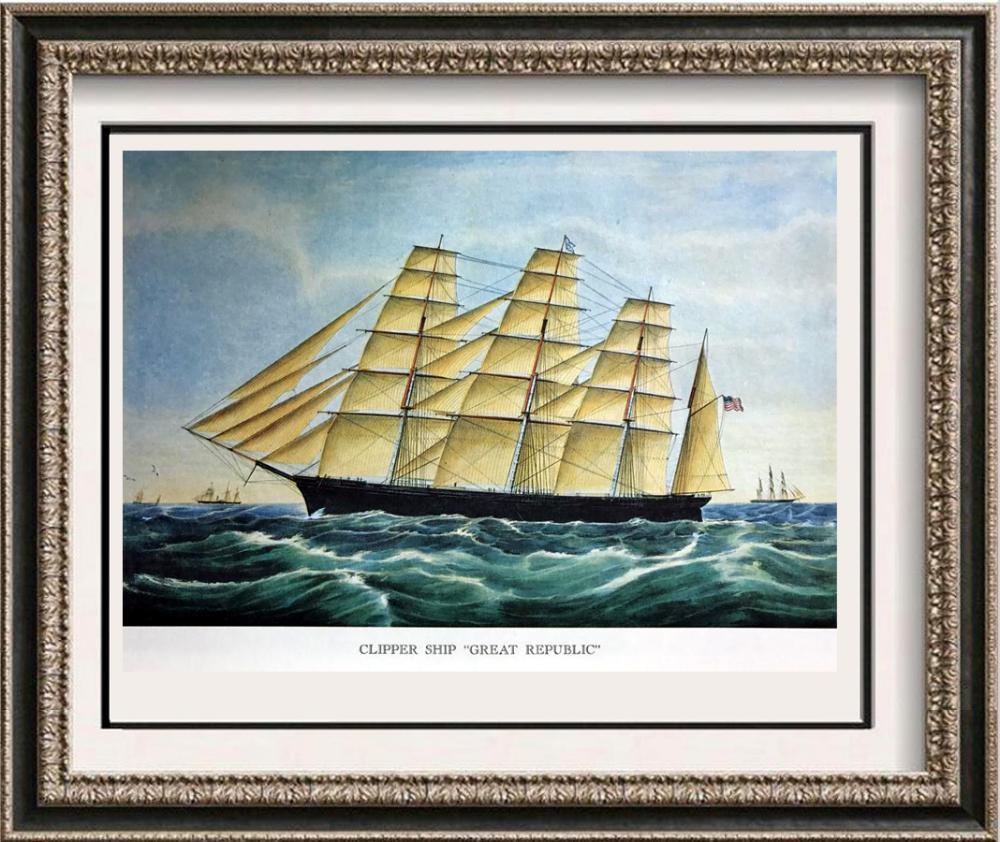 Clipper Ship Great Republic Color Lithographic Fine Art: Clipper Ship Great Republic | Medium: Color Lithographic Fine Art Print | Edition #: N/A | Unframed Size: 8x11 | Framed Size: Offered Unframed. Framing presentation if shown is for concept only and av