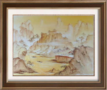 Asian Watercolor on Canvas Abstract Village Scene: Oriental | Title of Art: Oriental | Medium: Hand Signed by the Artist Original Watercolor Painting on Canvas | Edition #: Original | Unframed Size: 28 x 20 inches | Offered Unframed. Framing