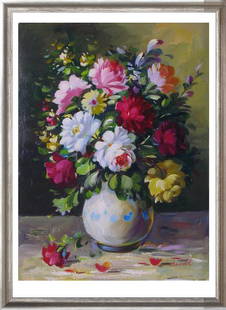 Still Life Only $100 Oil Painting On Canvas: Daniel | Title Of Art: Flowers | Medium: Signed Original Oil Painting On Canvas | Edition Size: Original | Art Size: 17X13 | Offered Unframed. Framing presentation if shown is for concept only. If