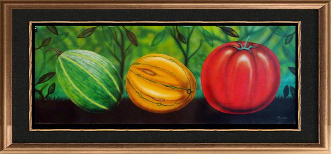 Latin American Art Fernando Montoya Realism Vegetables: Montoya Fernando | Title of Art: Three Fruits | Medium: Hand Signed by the Artist Original Acrylic Painting on Canvas | Edition #: Original | Unframed Size: 27 x 72 inches | Offered Unframed. Framing