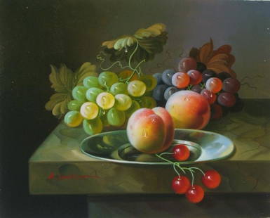 Still Life Fruit Realism - Buy 2 Get Free Shipping: Still Life | Title Of Art: Fruit | Medium: Hand Signed By The Artist Original Acrylic Painting On Canvas | Edition Size: Original | Unframed Size: 26 X 26 Inches | Framed Size: Unframed | Value: $ 650