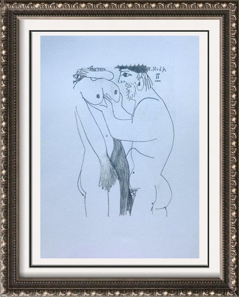 Pablo Picasso Lovers Lithograph on Arches Paper: Pablo Picasso | Lovers 8.10.64 II | Medium: Lithograph on Arches Paper | Edition #: 450/666 | Unframed Size: 13 x 10 | Framed Size: Offered Unframed. Framing presentation if shown is for concept only