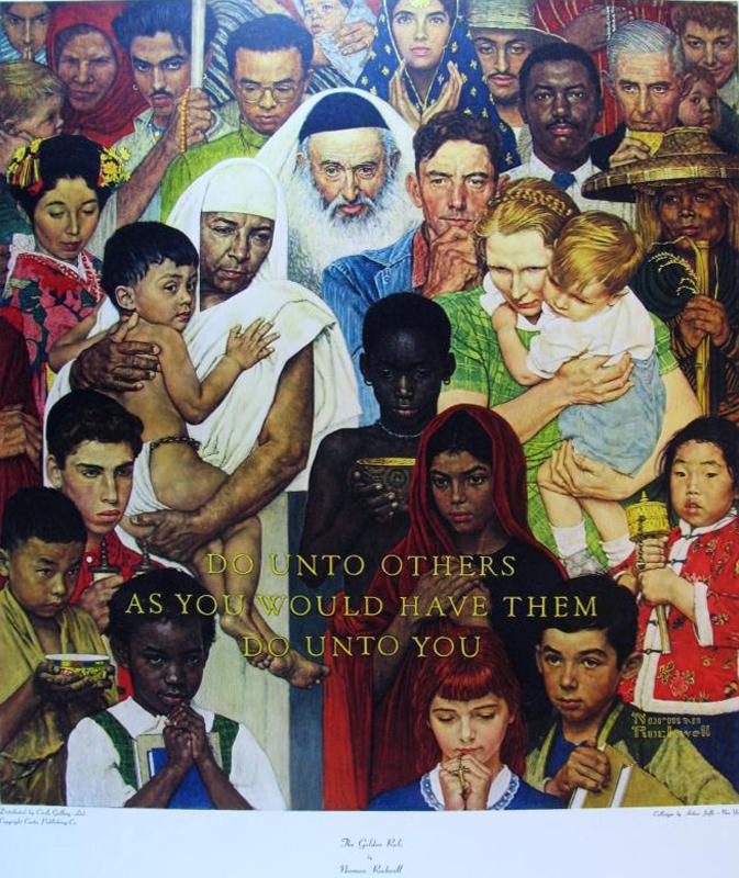 Golden Rule Rare Norman Rockwell Collotype Rare: Norman Rockwell | Title Of Art: Golden Rule | Medium: Plate Signed By The Artist Mixed Media On Paper | Edition Size: Open | Unframed Size: 36 X 29 Inches | Framed Size: Unframed | Value: $ 1100
