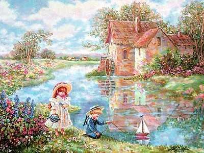 CHILDREN PLAYING COLORFUL COTTAGE SCENE SIGNED