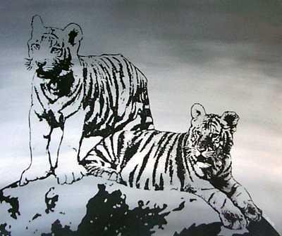 TIGERS BLACK & WHITE ORIGINAL PAINTING LARGE PO