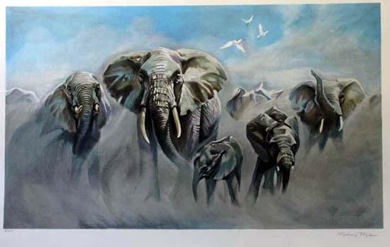 ELEPHANTS REALISTIC LTD ED LITHO RARE DEALER WH