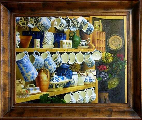 BLUE WILLOW REALISTIC FRAMED PAINTING ON CANVAS