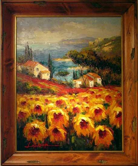 SUNFLOWERS COLORFUL RARE ORIGINAL FRAMED ART SA
