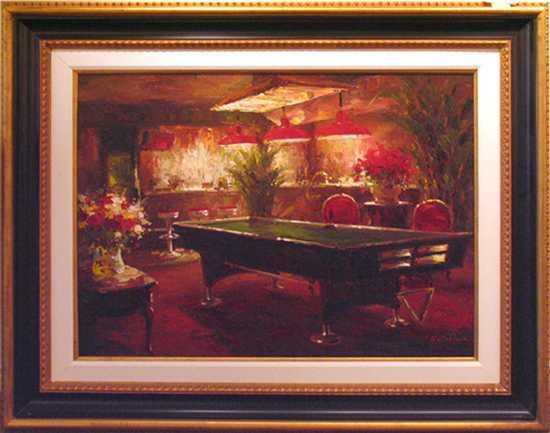 POOL ROOM COLORFUL RARE DRAMATIC PAINTING ON CA