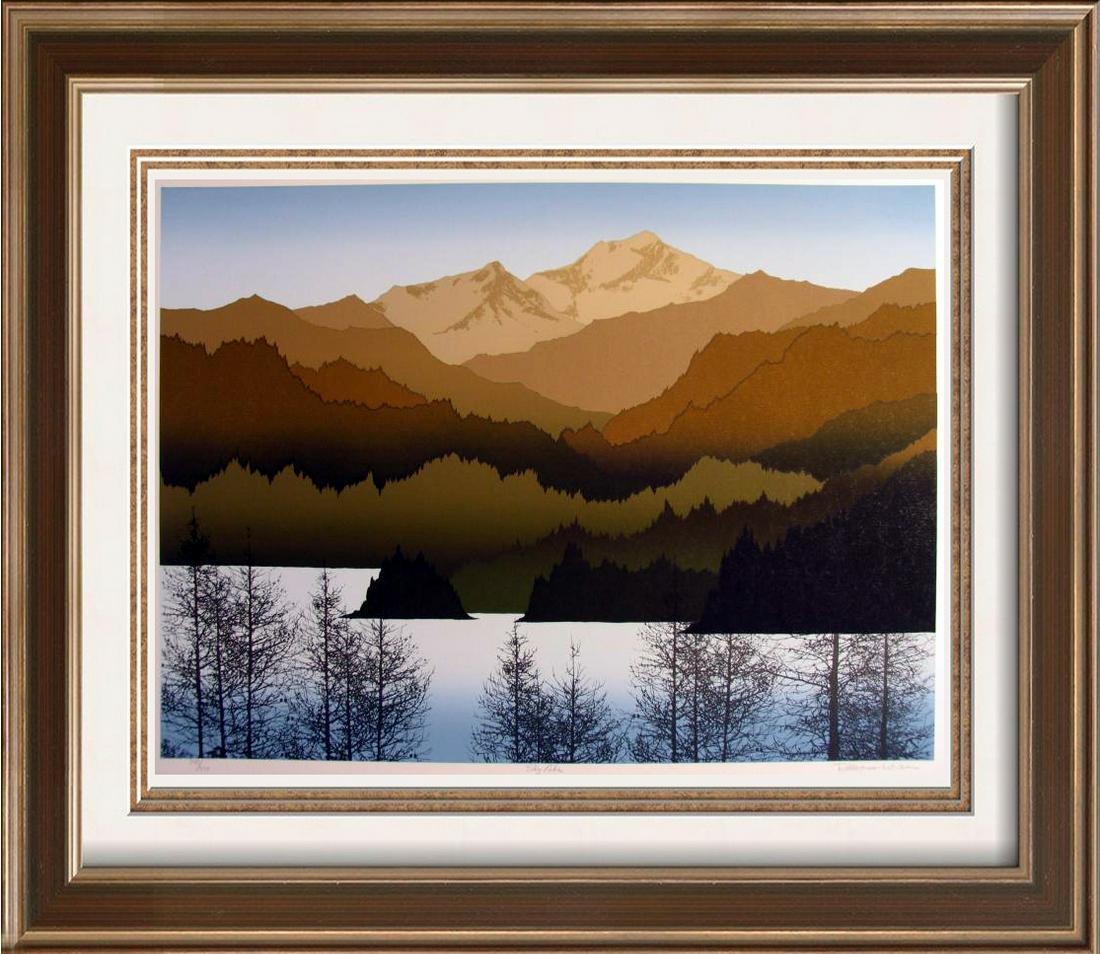 Scenic Moutnain Abstract Earth Tone Limited Edition: Robert Wilson | Title Of Art: Sky Lake | Medium: Hand Signed By The Artist Lithograph On Paper | Edition Size: 340/375 | Unframed Size: 25X32 Inches | Framed Size: Unframed | Value: $ 850