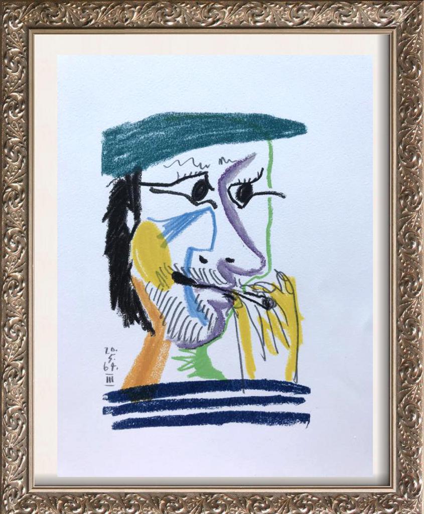 Pablo Picasso Abstract Face Lithograph on Arches Paper: Pablo Picasso | Abstract Face 20.5.64 III | Medium: Hand Colored Lithograph on Arches Paper | Edition #: 450/666 | Unframed Size: 13 x 10 | Framed Size: Offered Unframed. Framing presentation if shown