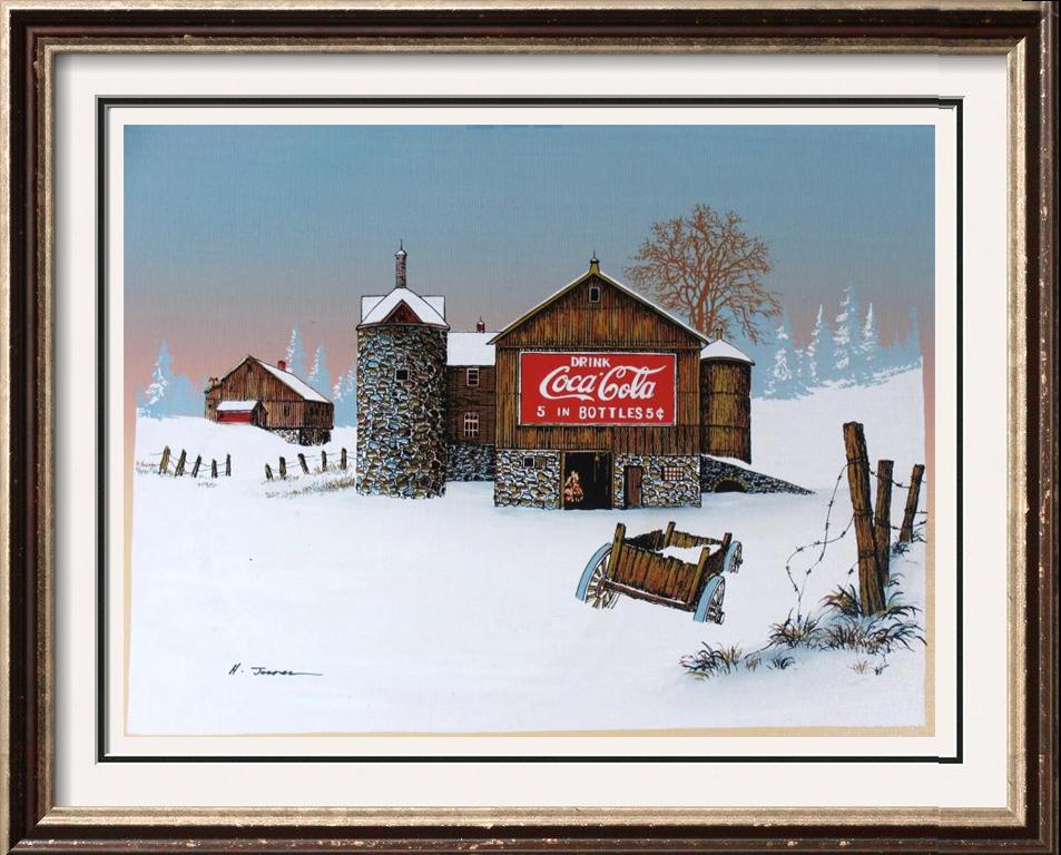 Coca Cola Old Coke Sign on Barn Realism on Canvas: Winter James | Title of Art: Coca Cola Barn | Medium: Hand Signed by the Artist Limited Edition Lithograph on Canvas | Edition #: Limited | Unframed Size: 12 x 16 inches | Framed Size: Offered Unframe