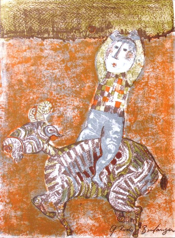 Boulanger Whimsical Colored Lithograph Rare Dealer Sale: G. Rodo Boulanger | Title of Art: Zebra Ride | Medium: Plate Signed by the Artist Lithograph on Paper | Edition Size: | Unframed Size: 12x8 inches | Framed Size: Unframed | Value: $ 200