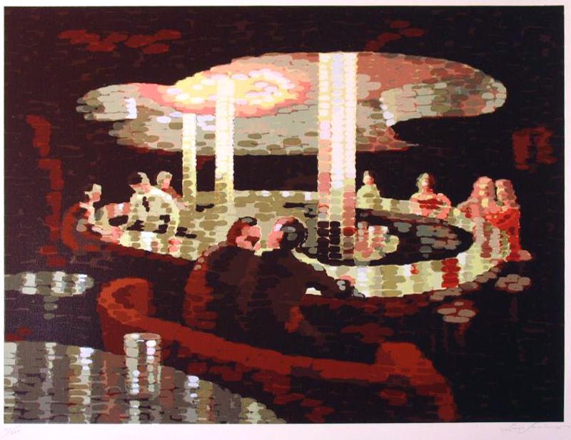 Abstract BAR Scene Modern Signed Limited Edition: Louis Lonoia | Title of Art: At the Bar 1977 | Medium: Hand Signed by the Artist Serigraph on Paper | Edition Size: of 300 Unframed Size: 22x29 inches | Framed Size: Unframed | Value: $ 600