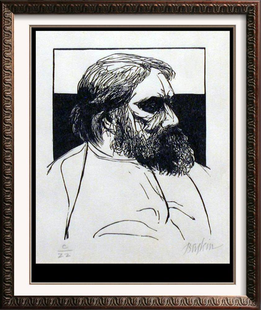 Museum Artist Leonard Baskin Limited Edition Woodblock: Leonard Baskin | Title of Art: Bearded Man | Medium: Hand Signed by the Artist Lithograph Deluxe Edition on Japon Paper | Edition Size: C/22 | Unframed Size: 4 x 4 inches | Framed Size: Unframed