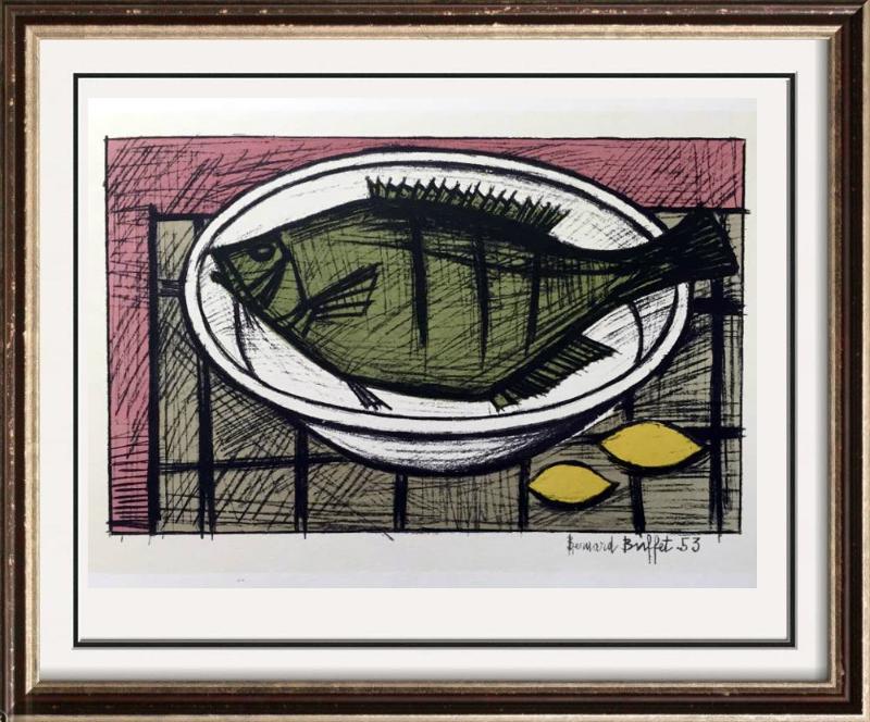 Bernard Buffet Fish Full Color Print, Executed in: Artist Name: Bernard Buffet | Title of Art: Plate Two Fish | Medium: Full Color Print, Executed in November 1967 on press of Fernand Moulet, Paris, France printed on velin Acropole by Papeteries de Re